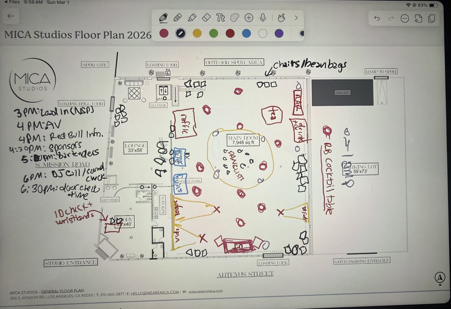 the floor plan — run of show, marked up